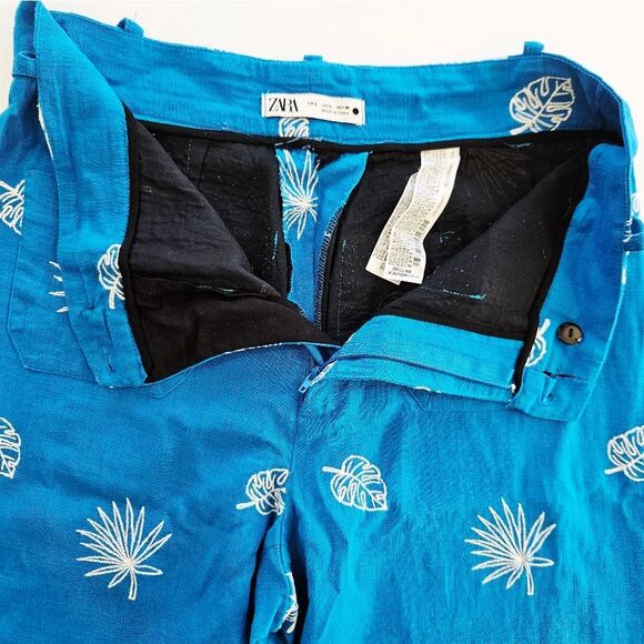 Zara Blue Embroidered Plants Wide Leg High Waist Cropped Linen Culottes Pants L - Picture 9 of 11